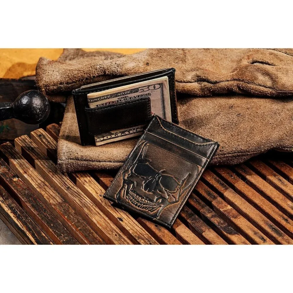 🆕Men Brown SKULL Front Pocket Wallet Money Clip Strong Magnetic Slim Wallet